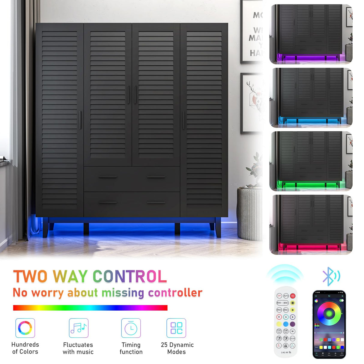 jiteentarou 4 Door Armoire Wardrobe Closet Cabinet with Drawers and LED Lights, Multi-Tier Shelves, Hanging Rod & Louver Doors, Large Capacity Storage Wardrobe Armoire for Bedroom(4 Doors Black) jiteentarou