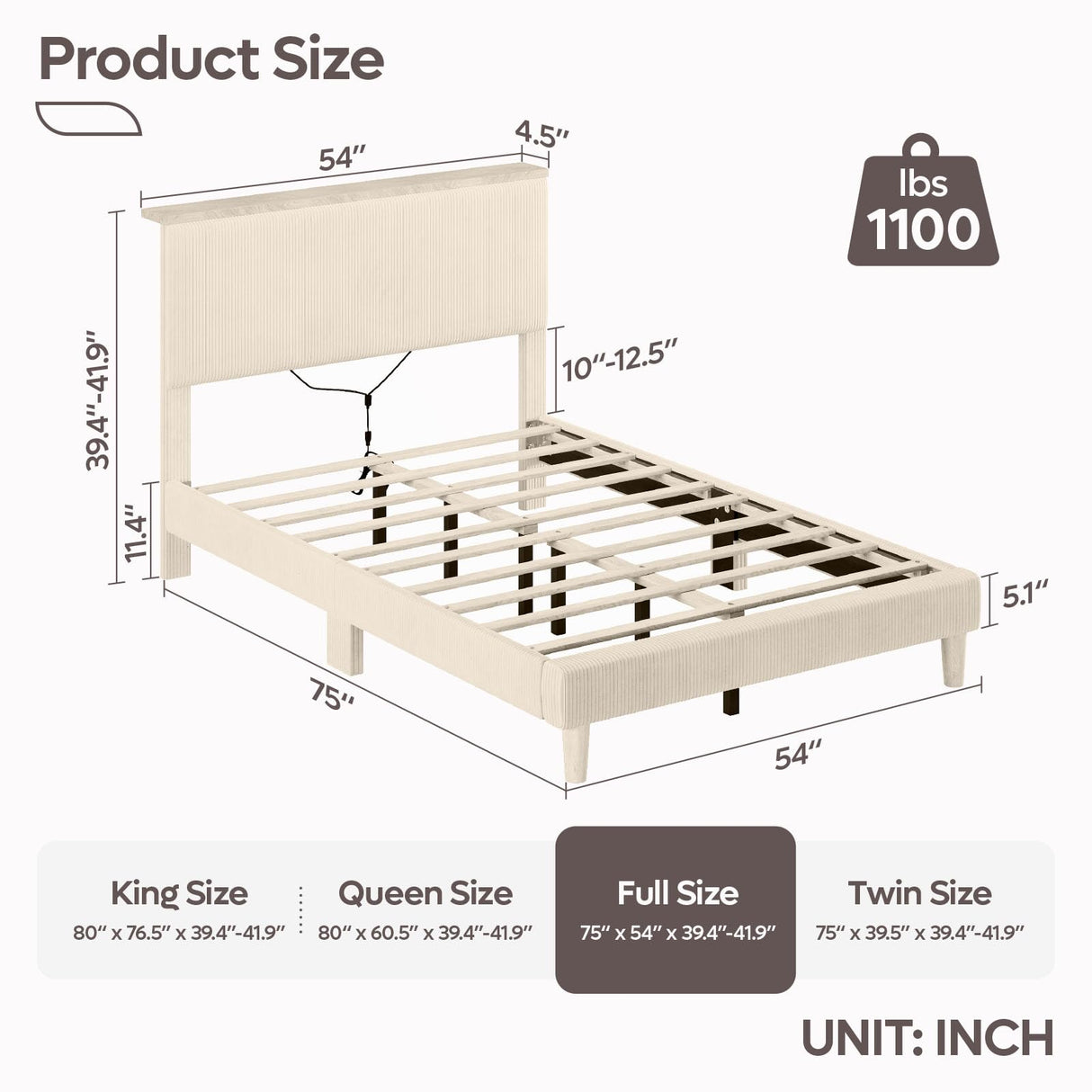 Bestier Full Bed Frame with Adjustable Headboard & LED Lighting, Corduroy Upholstered Platform Bed Frame with Storage Shelf, Solid Wood Slats, No Box Spring Needed, Never Squeak, Easy Assembly, Beige Bestier