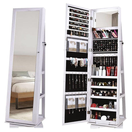 SDHYL Rotating Jewelry Cabinet with Mirror, Full Length Wooden Storage Armoire with Lock SDHYL