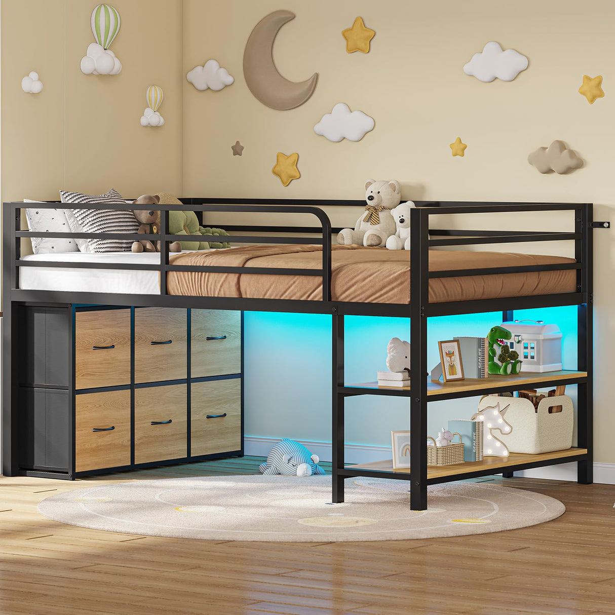 BTHFST Twin Size Low Loft Bed with 6 Fabric Storage Drawers, Metal Loft Bed Twin with LED Lights & Open Storage Shelves, 15" H Safety & Guardrail Stairs Loft Bed for Kids, Black & Natural BTHFST