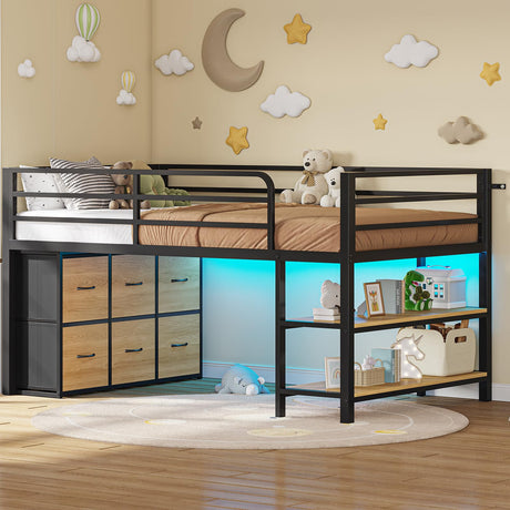 BTHFST Twin Size Low Loft Bed with 6 Fabric Storage Drawers, Metal Loft Bed Twin with LED Lights & Open Storage Shelves, 15" H Safety & Guardrail Stairs Loft Bed for Kids, Black & Natural BTHFST