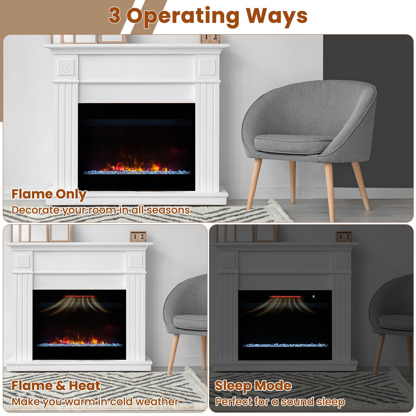 GOFLAME 23 Inch Electric Fireplace Insert, Recessed Quartz Fireplace Heater with 6 Flame Modes & 5 Brightness, Breathable Design, Remote Control, 8H Timer, Overheat Protection, 1500W