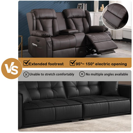 DUNELLA 66" Power Loveseat Recliner Sofa, Home Theater Seating with Console, Electric Recliner RV Sofa with USB/USB-C/Storage/Side Pocket/LED Light for Travel Trailers(Brown) DUNELLA
