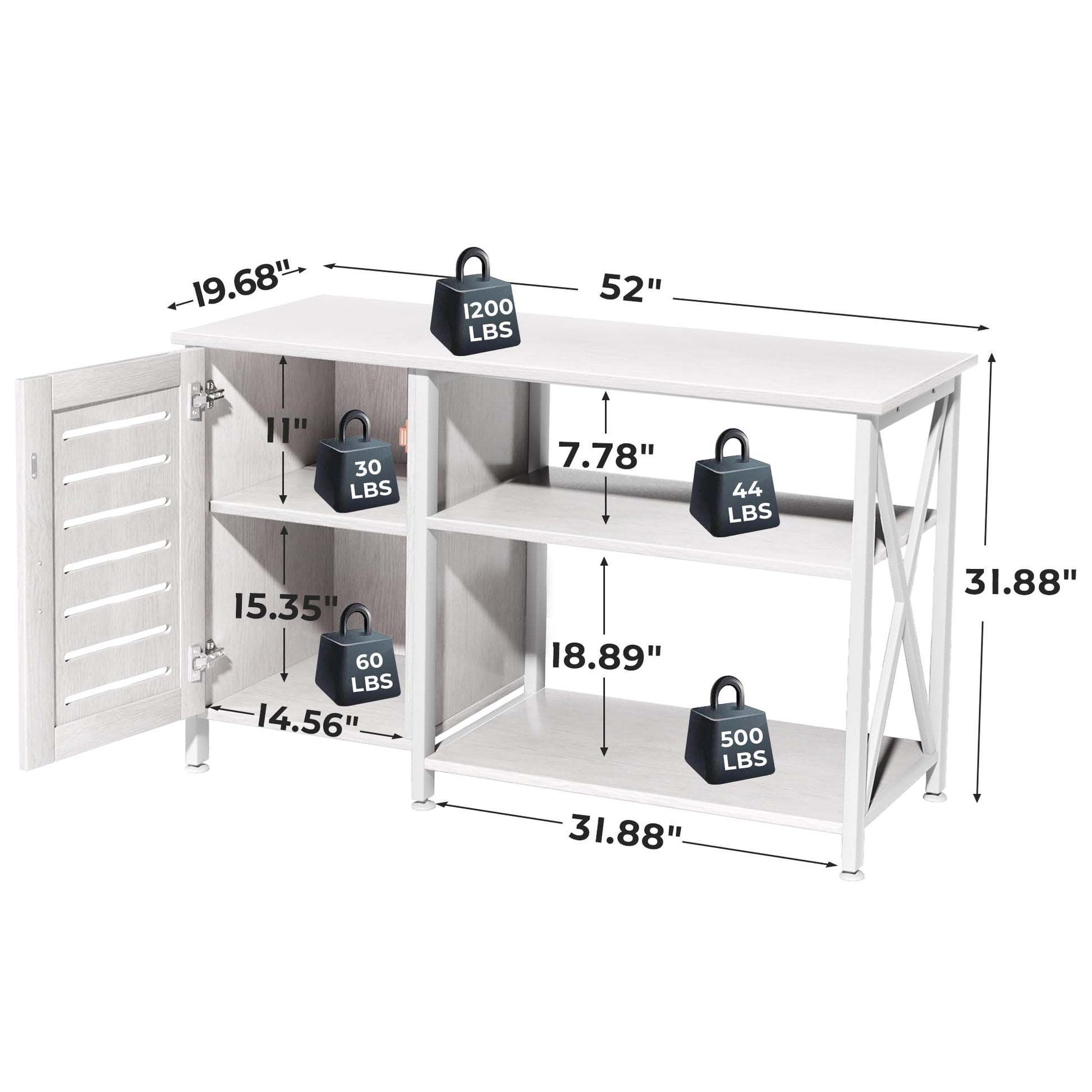 Herture 55-75 Gallon Fish Tank Stand, Aquarium Stand with Power Outlets and Cabinet for Fish Tank Accessories Storage, Heavy Duty Metal Frame, 52" L*19.68" W Tabletop, 1200LBS Capacity, White - WoodArtSupply