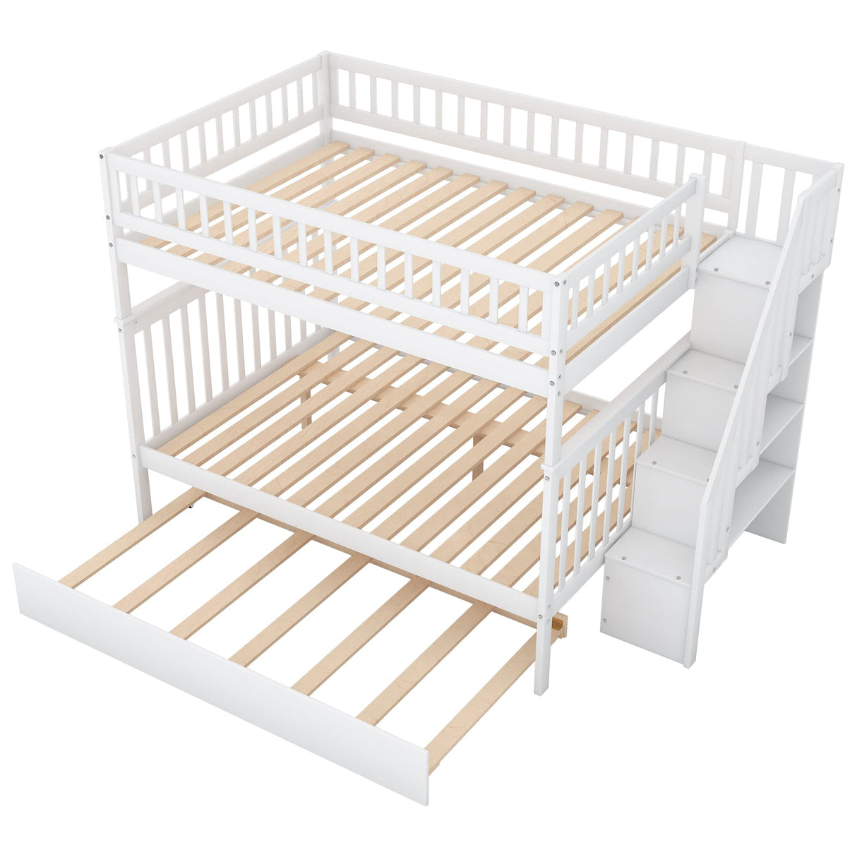 Janusline Wooden Full Size Bunk Bed with Trundle and Storage Staircase, Convertible to 3 Platform Bed, Space-Saving Bed Frame with Full-Length Safe Guardrail, No Box Spring Needed, White Janusline