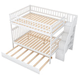 Janusline Wooden Full Size Bunk Bed with Trundle and Storage Staircase, Convertible to 3 Platform Bed, Space-Saving Bed Frame with Full-Length Safe Guardrail, No Box Spring Needed, White Janusline