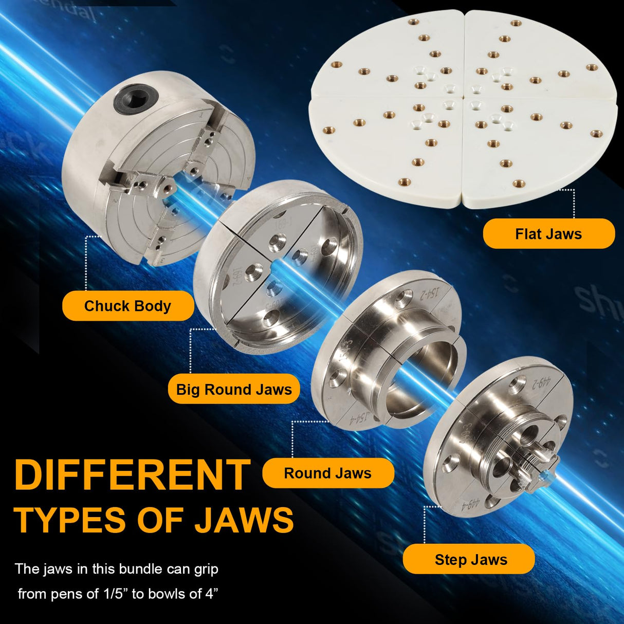 4 Inch Wood Lathe Chuck Set 1" x 8 tpi, Self Centering 4 Jaw Wood Turning Chuck set with 3 frequently used types of Jaws Deargooday
