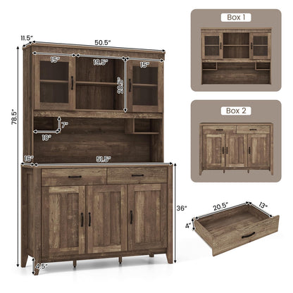 Byroce Kitchen Pantry Cabinet, Farmhouse 78.5” Tall Storage Cabinet w/Countertop, Adjustable Shelves & Drawers, Microwave Shelf w/Hutch, Wooden Buffet Sideboard w/Tempered Glass Doors, Rustic - WoodArtSupply