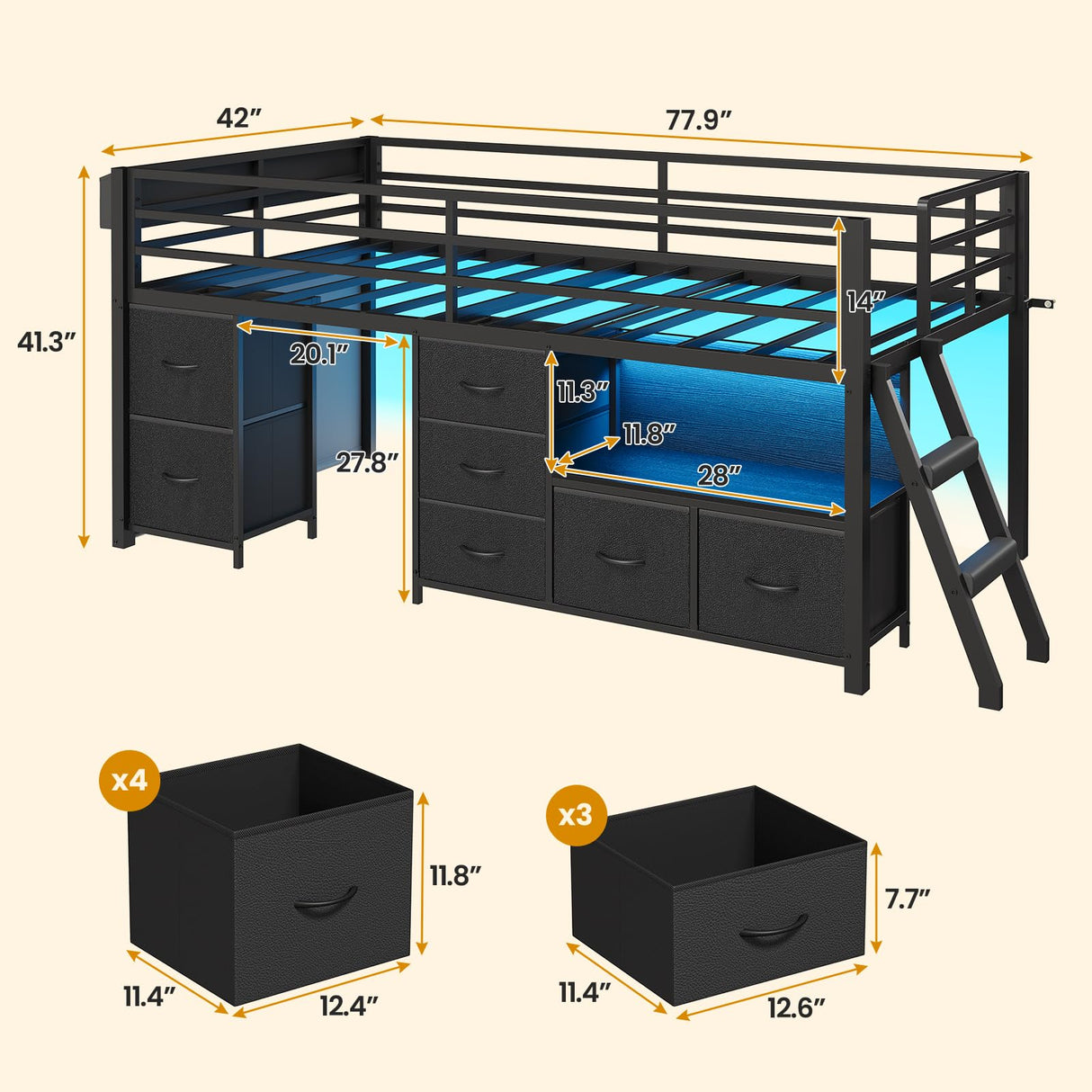 ADORNEVE Low Loft Bed Twin Size with 7 Storage Drawers, Bookcase and LED Lights, Metal Kids Loft Bed with 14" H Safety Guardrail,Inclined Ladder and Play Curtain, Under-Bed Play Space, Black ADORNEVE