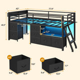 ADORNEVE Low Loft Bed Twin Size with 7 Storage Drawers, Bookcase and LED Lights, Metal Kids Loft Bed with 14" H Safety Guardrail,Inclined Ladder and Play Curtain, Under-Bed Play Space, Black ADORNEVE