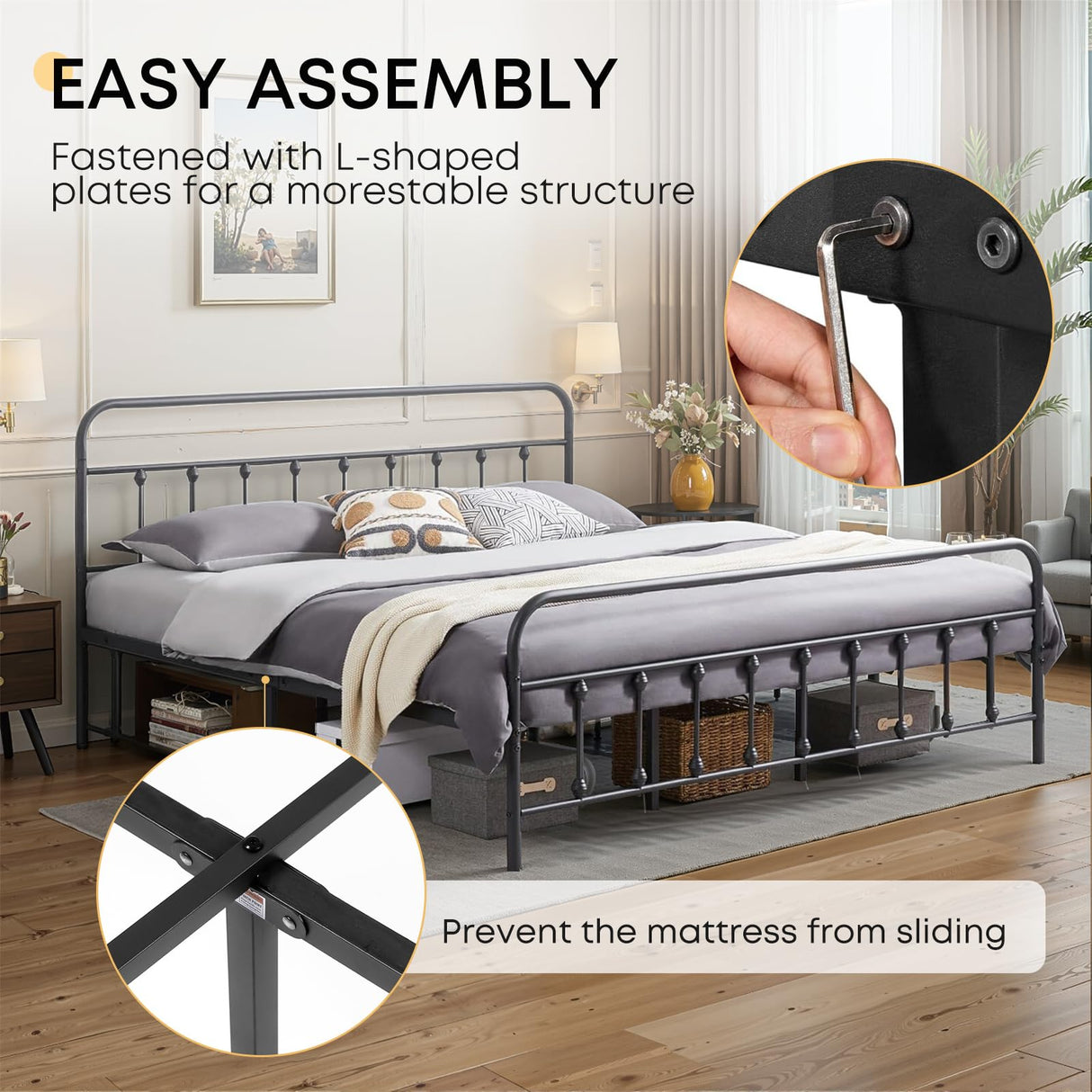 Chuangshuo Guard Queen Bed Frame-Classic Metal Platform Bed Frame Mattress Foundation with Victorian Style Iron-Art Headboard/Footboard/Storage Space/No Box Spring Needed/Black Chuangshuo Guard