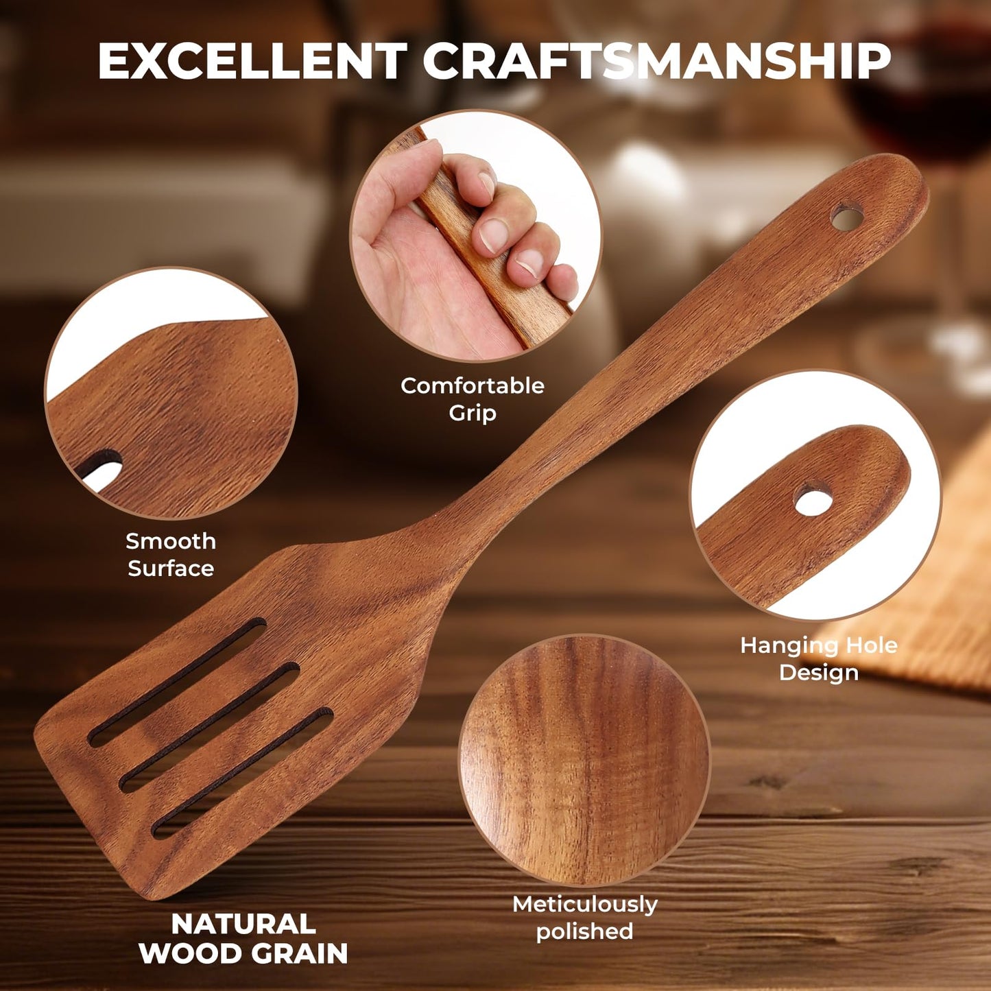 Wooden Cooking Utensils Set, Comfortable Grip Teak Wood Cooking Spoon Set, Nonstick No Scratch Wooden Spoons for Cooking (10Pcs）