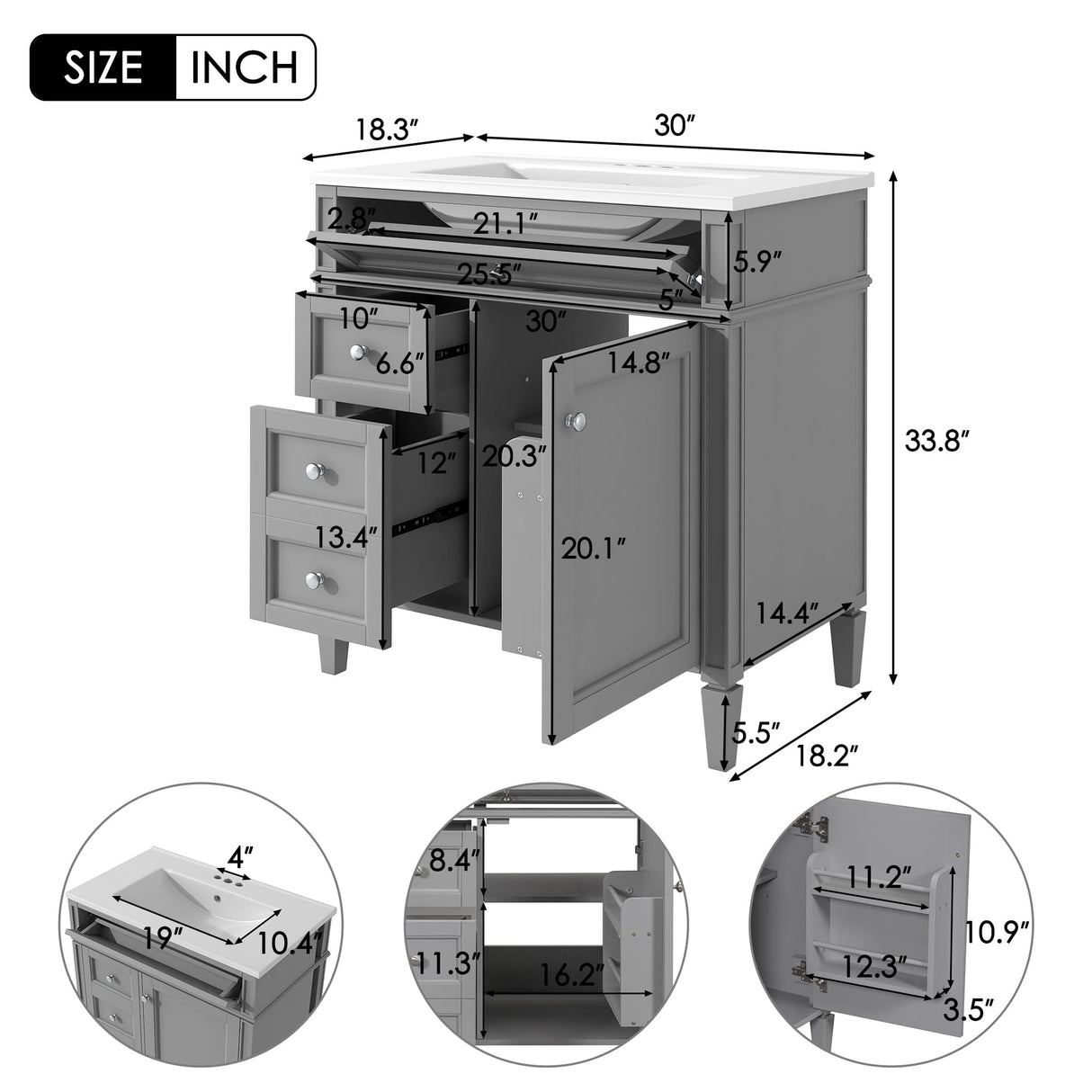 Virubi 30" Bathroom Vanity with Single Sink Combo, Modern Undermount Bathroom Sink Cabinet with 2 Drawers and a Tip-Out Drawer, Freestanding Bathroom Vanities, Soft Closing, Solid Wood Frame Virubi
