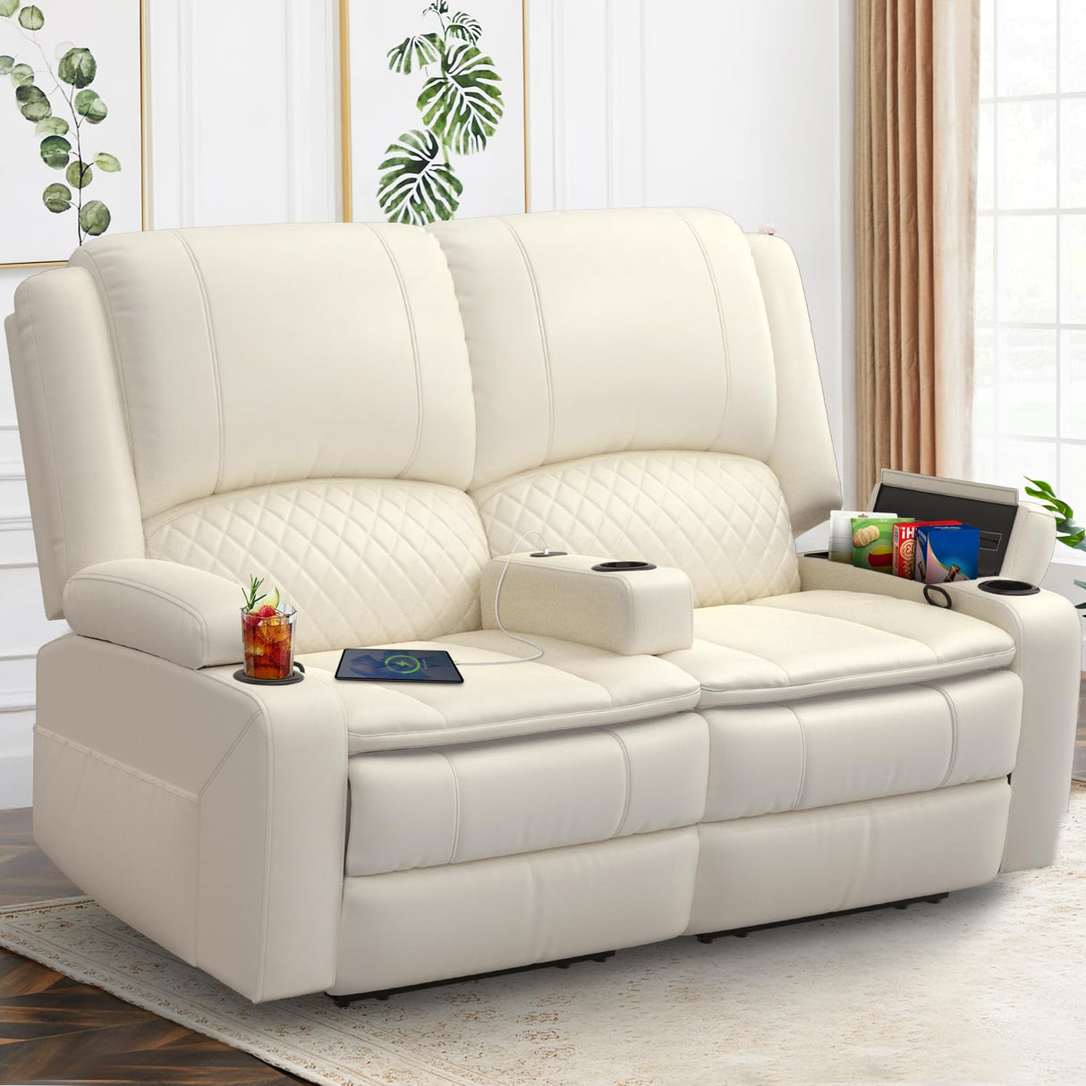 Yolsali Loveseat Recliner Sofa, Manual Reclining Loveseat with Removable Armrest, PU Leather Double Recliner for RV with 2-Tier Cushions, USB Charging Ports, Cup Holders - Ivory White, PU Yolsali