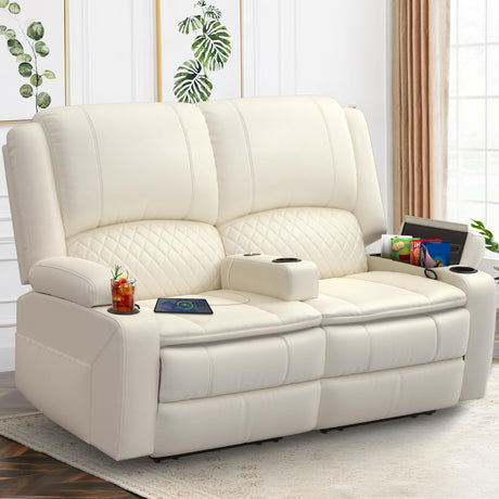 Yolsali Loveseat Recliner Sofa, Manual Reclining Loveseat with Removable Armrest, PU Leather Double Recliner for RV with 2-Tier Cushions, USB Charging Ports, Cup Holders - Ivory White, PU Yolsali