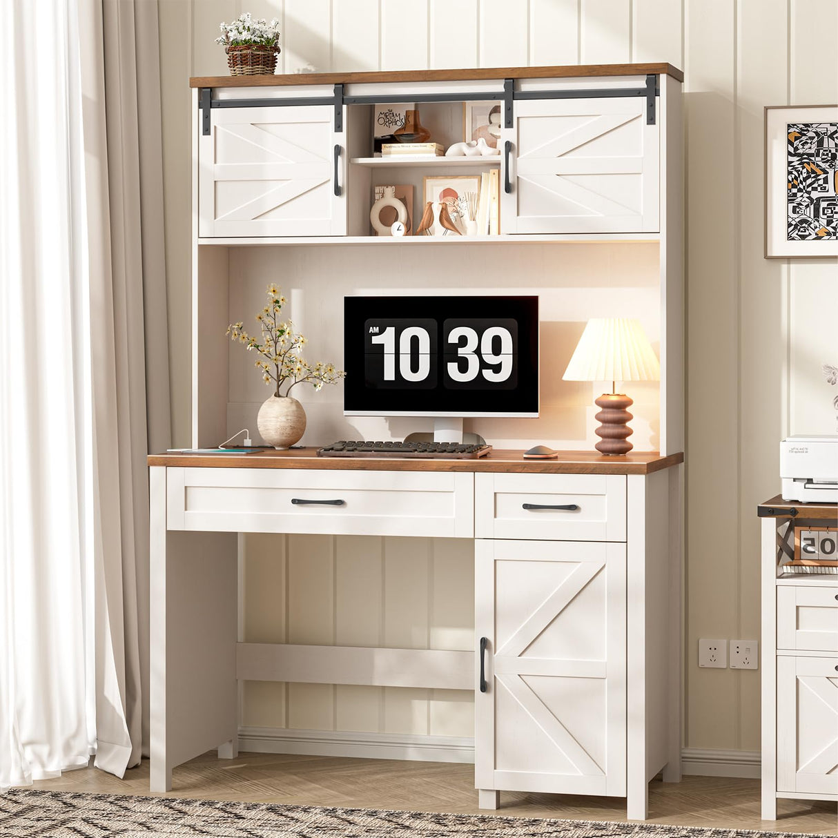 Vabches Farmhouse 47" Executive Desk, Computer Desk with 2 Drawers, LED Light and Storage Cabinet, Home Office Desk with Hutch, Charging Hub, Workstation for Home Office and Study.Unique White Vabches