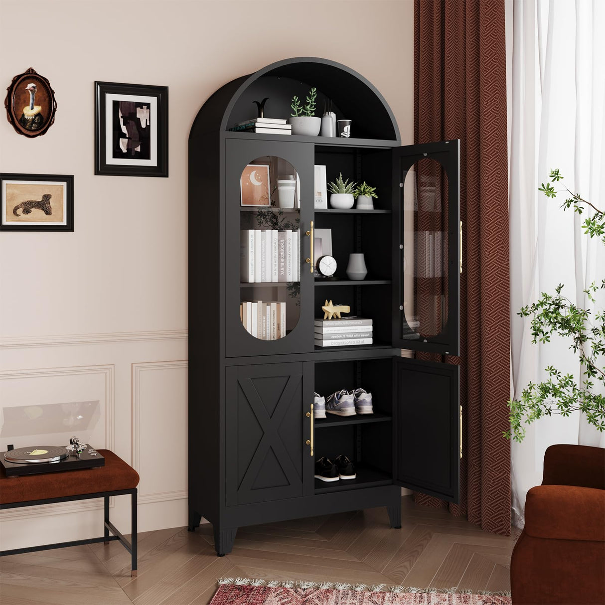 erosoei 73" H Metal Tall Arched Kitchen Pantry Cabinet, Modern Farmhouse China Storage Cabinets with Glass Door and Adjustable Shelves, Versatile Cupboard for Kitchen, Dining Room, Bathroom (Black) erosoei