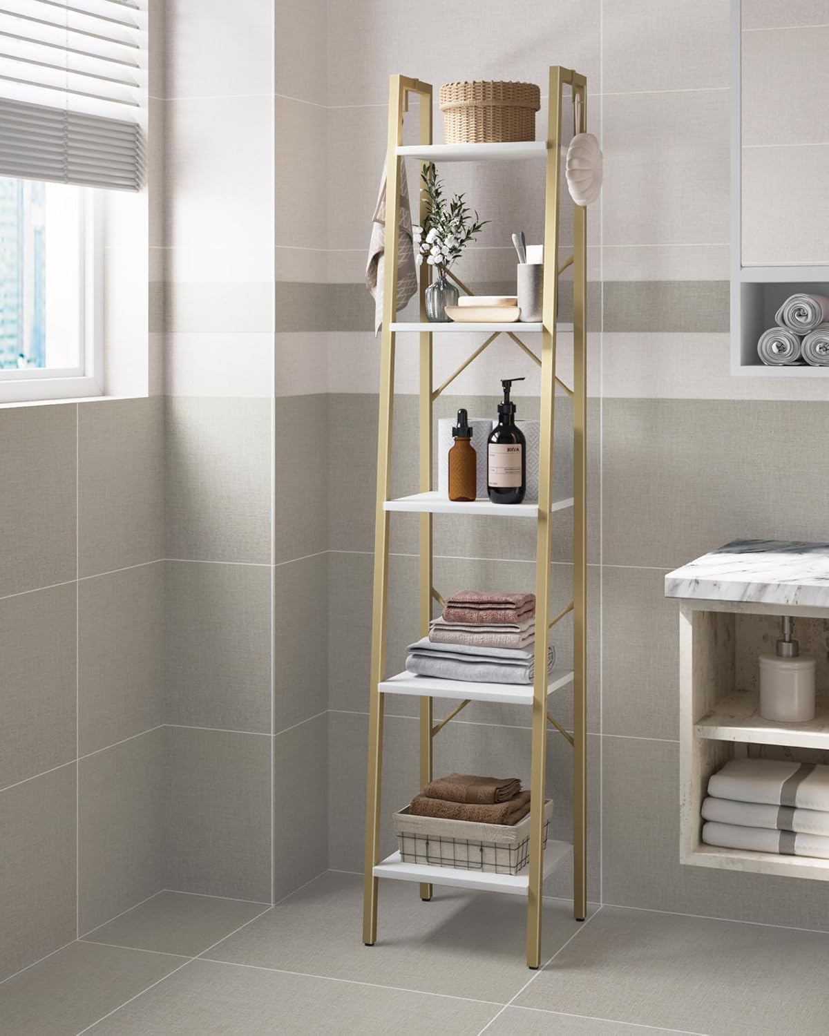Hzuaneri Ladder Shelf, Bookshelf Bookcase, Freestanding Corner Storage Shelve with 2 Hooks for Home Office, Living Room, Kitchen, Bedroom, Industrial, 11.8" D x 13.4" W x 63" H, White Gold BC03213G Hzuaneri