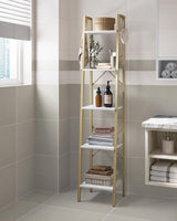 Hzuaneri Ladder Shelf, Bookshelf Bookcase, Freestanding Corner Storage Shelve with 2 Hooks for Home Office, Living Room, Kitchen, Bedroom, Industrial, 11.8" D x 13.4" W x 63" H, White Gold BC03213G Hzuaneri