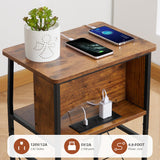 3 Tier Narrow Side Table with Charging Station, Slim End Table Nightstand Table Storage Shelf With Hidden USB Ports , Two Installation Methods For Small Spaces/Bedroom/Living Room/Office,Rustic Brown YEAKOO