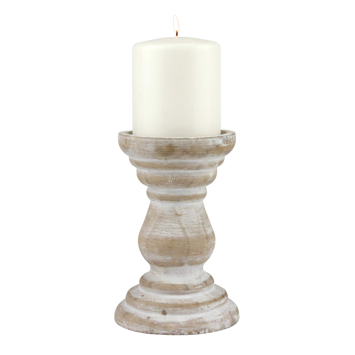 Stonebriar Antique White Wooden Pillar Candle Holder, Vintage Seaside Pillar Stand for Dining Table Centerpiece, Coffee Table, Mantel, Or Any Table Top, Medium Stonebriar