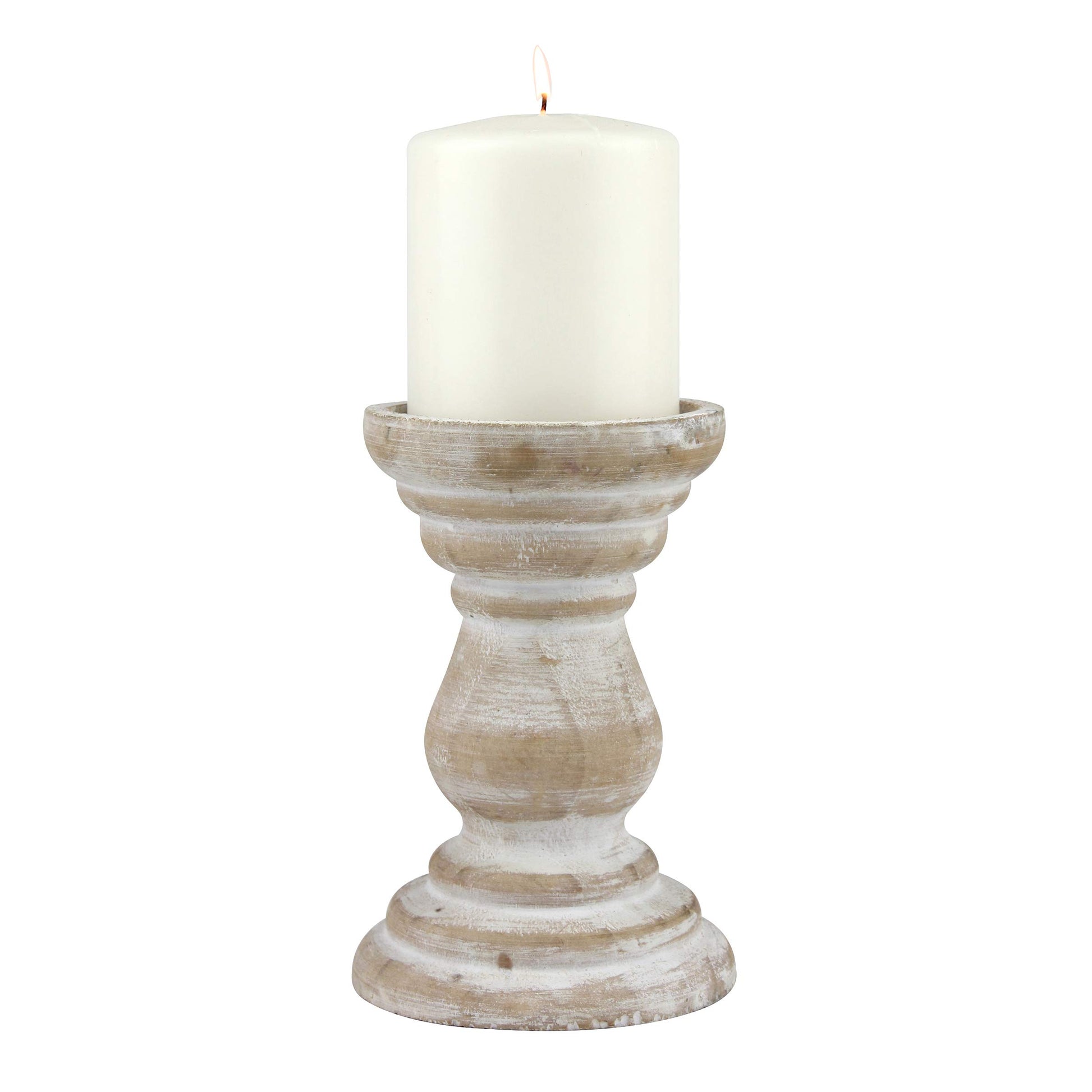 Stonebriar Antique White Wooden Pillar Candle Holder, Vintage Seaside Pillar Stand for Dining Table Centerpiece, Coffee Table, Mantel, Or Any Table Top, Medium - WoodArtSupply