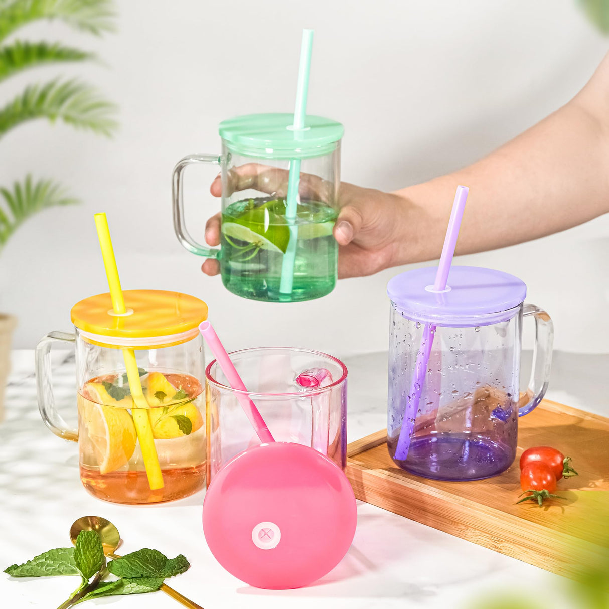 AGH 6 Pack Sublimation Glass Blanks with Colorful Lid and Straw, 16oz Gradient Colorful Glass Sublimation Beer Can with Handle, Sublimation Glass Cups, Sublimation Glass Tumblers AGH