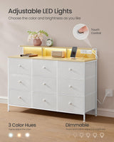 SONGMICS Dresser for Bedroom, Storage Organizer with 9 Fabric Drawers and LED Lights, Charging Station, Steel Frame, 13.2 x 44.9 x 33 Inches, Entryway, Cloud White ULTS519W01 SONGMICS
