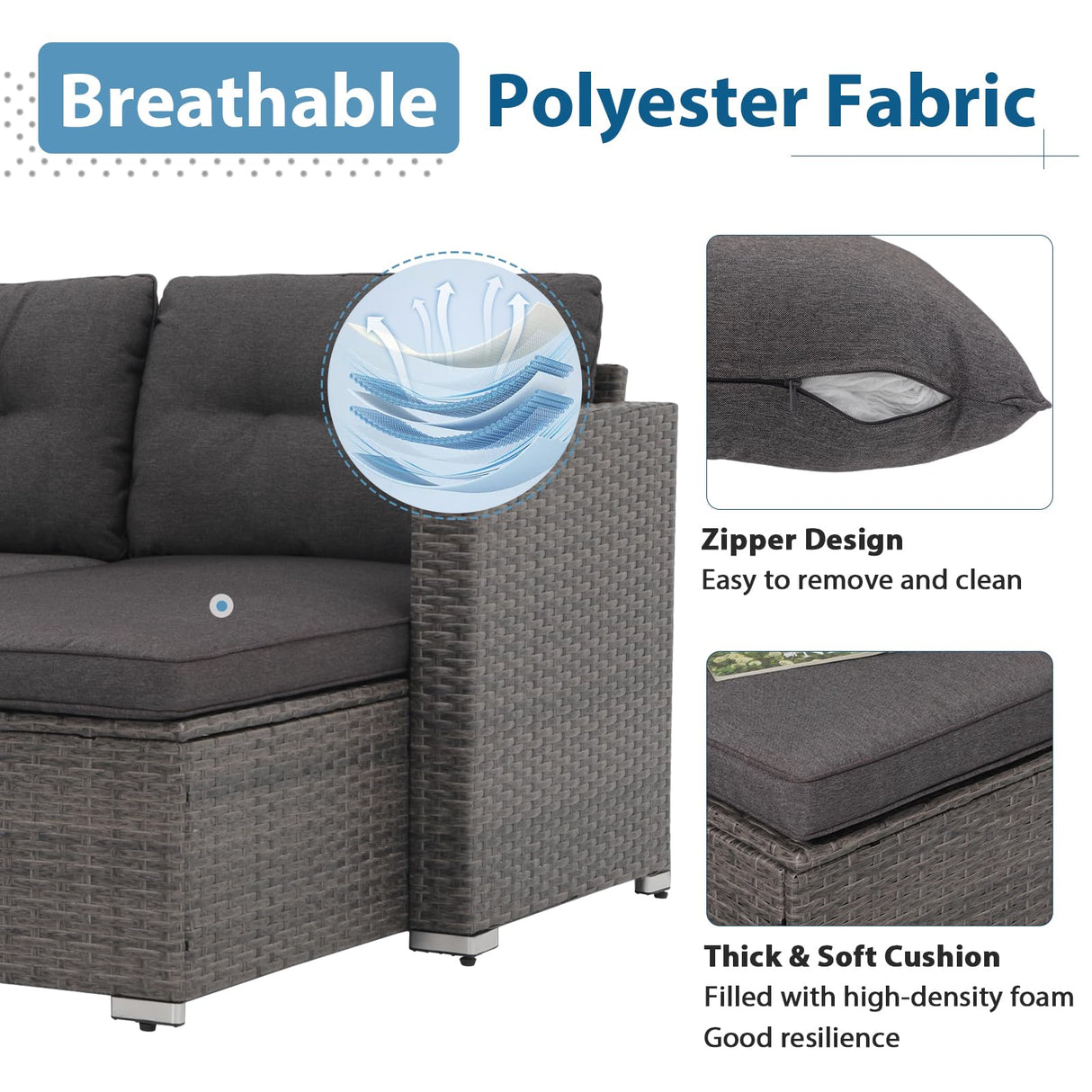 JOIVI Outdoor Patio Furniture Sets, 3-Piece All Weather Wicker Outdoor Conversation Set, Rattan Sectional Sofa Set, Patio Couch with Tempered Glass Table for Porch, Garden, Dark Gray JOIVI