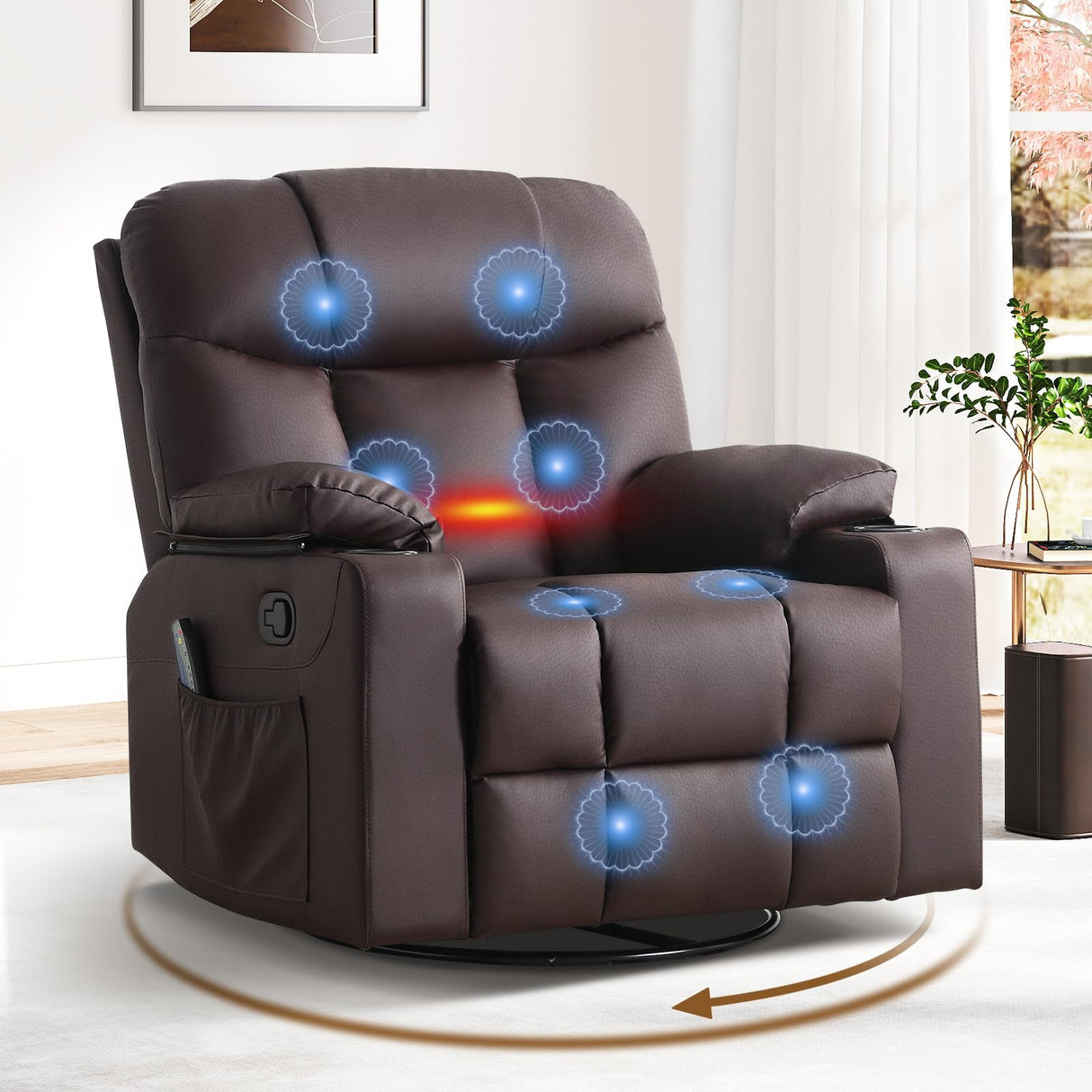 ANJ Swivel Rocker Recliner Chair, Manual PU Leather, 360° Swivel with Massage & Heat for Living Room, Brown ANJ