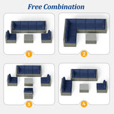 7-Piece Modular Patio Furniture Set, Wicker Outdoor Sectional Sofa with Cushions and Coffee Table, All Weather Patio Conversation Sets for Porch Balcony Backyard, Dark Blue Kiss the Water
