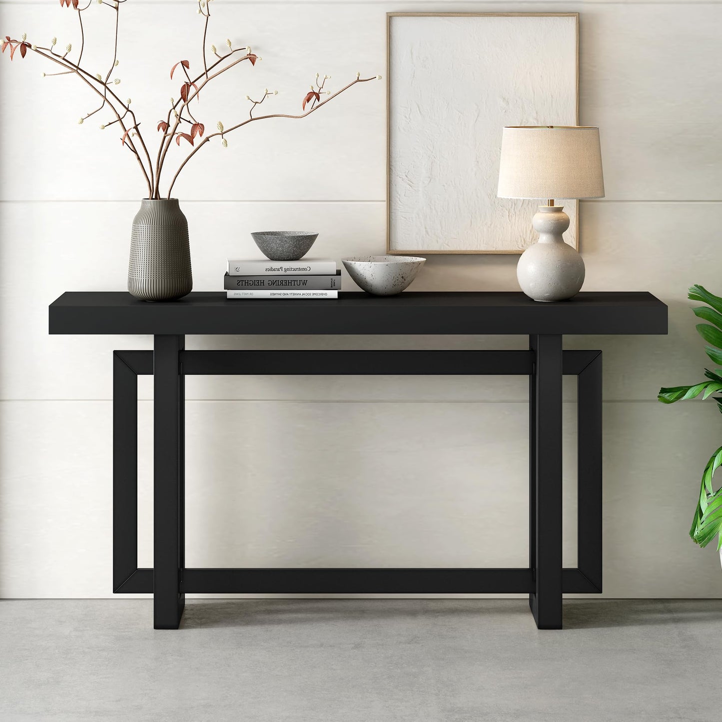 Hlcodca Contemporary Console Table with Industrial-Inspired Concrete Wood Top, Extra Long Entryway Table for Entryway, Hallway, Living Room, Foyer, Corridor (Black/Contemporary Console Table) - WoodArtSupply