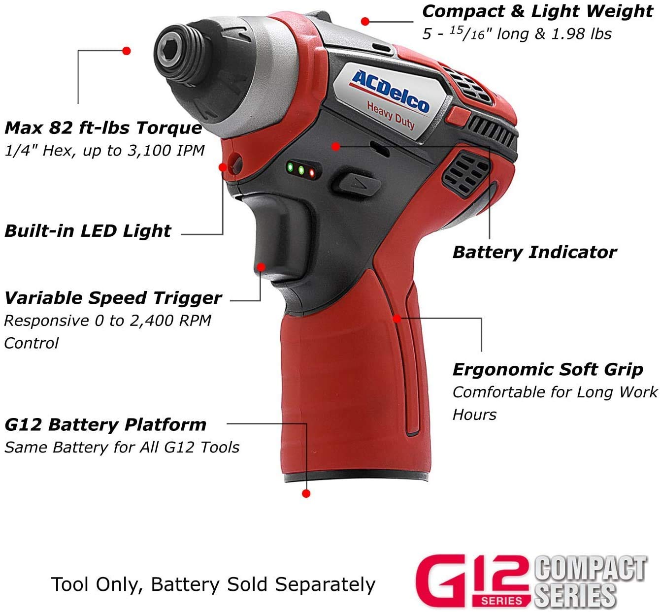 ACDelco ARI12105-K5 G12 Series 12V Cordless Li-ion 3/8” 2-Speed Drill Driver & ¼” Impact Driver Combo Tool Kit with 2 Batteries - WoodArtSupply