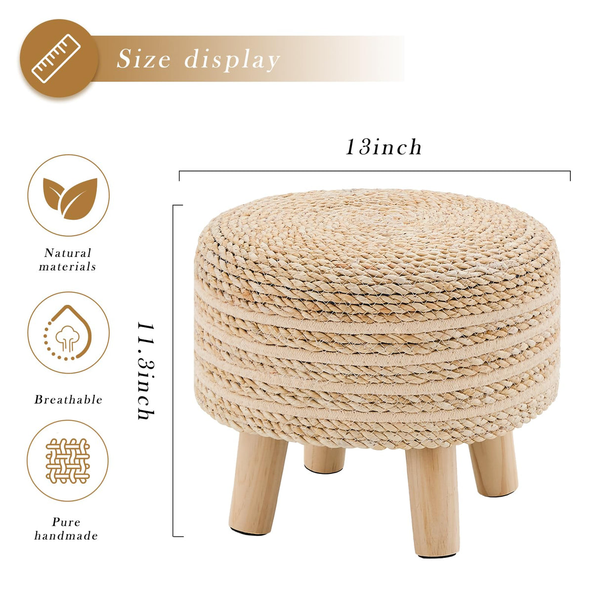 Cpintltr Round Seagrass Ottoman Footstool Handwoven Water Hyacinth Pouf with Solid Wood Legs Shoe Changing Stool Sturdy & Stylish Footrest for Living Room Balcony or Garden Beige Cpintltr