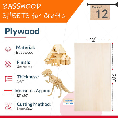 12 Pack Basswood Sheets 12"x20"x1/8" for Crafts - 3mm Unfinished Balsa Wood Plywood Crafts, Ideal for DIY, Drawing, Painting, Engraving, Staining, Model Carving, Wood Burning, and Laser Cutti - WoodArtSupply