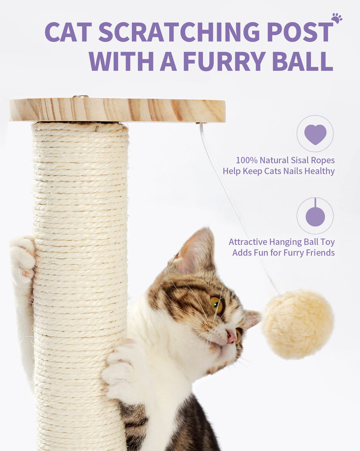 Made4Pets Cat Scratching Post Cat Scratcher Kitten Toys for Indoor Cats Wooden Ball Track Two-Layer Modern Sisal 17.7" Tall Scratch Post Interactive Toy with Dangling Ball MADE 4 PETS