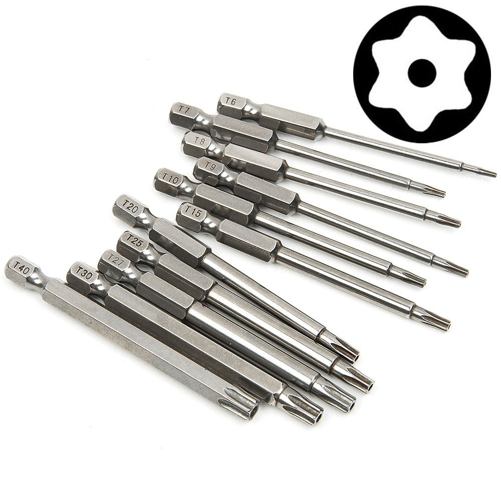 Yakamoz 11 Pcs Magnetic T6-T40 Torx Head Screw Driver Bit Set Security Tamper Proof Star 6 Point Screwdriver Drill Bits Tools with 1/4 Inch Hex Shank | 3 Inch Length YAKAMOZ