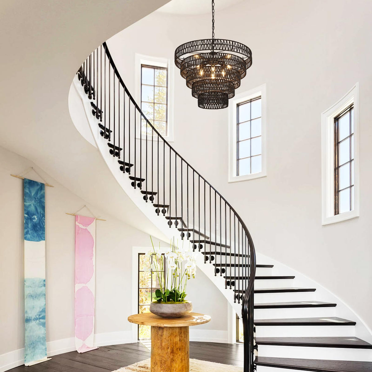 Widluth 25.6” Black Hand-Woven Rattan Chandelier Vintage Farmhouse 8-Lights Boho Large Bamboo Chandelier Light Fixture Retro 5-Tier Drum Wicker Chandelier for Dining Room, Kitchen, Bedroom, E12 Widluth