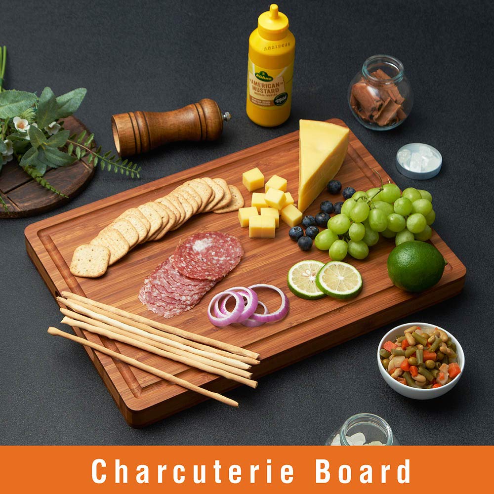 Bamboo Wood Cutting Board for Kitchen, 1" Thick Butcher Block, Cheese Charcuterie Board, with Side Handles and Juice Grooves, 16x11" Allsum