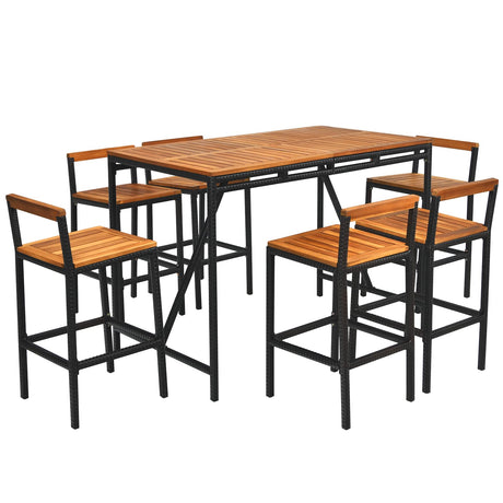 Tangkula 7-Piece Acacia Wood and Rattan Outdoor Bar Set with Umbrella Hole and Backrest Stools Tangkula