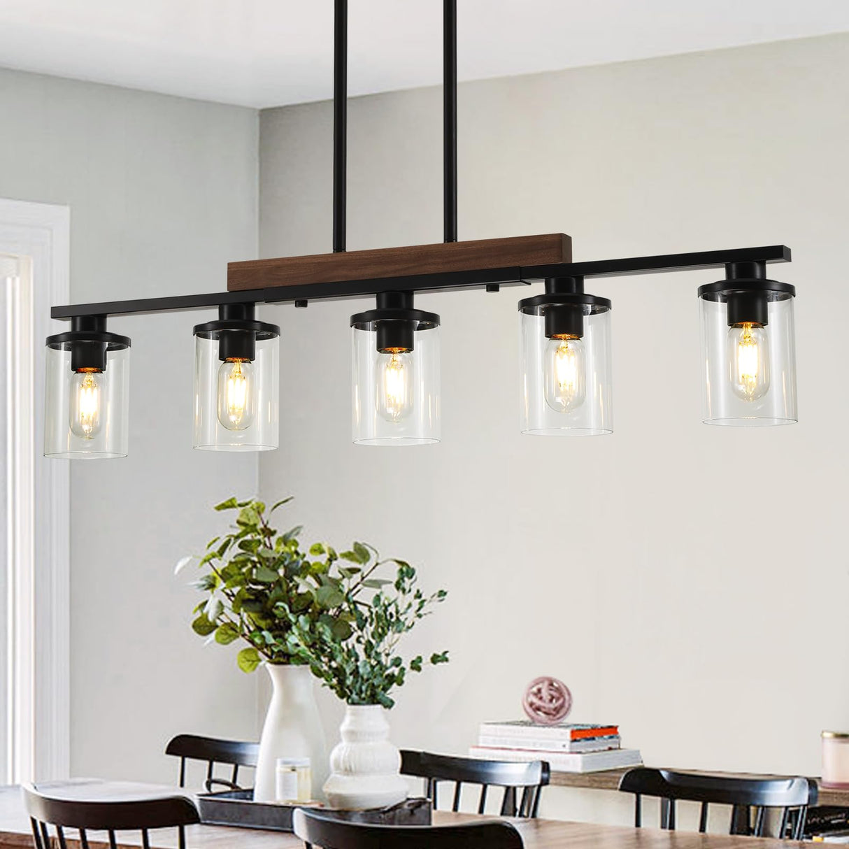 Kitchen Island Lighting,5-Light Dining Room Light Fixture/Chandelier Over Table,Black Modern Rustic Wood Ceiling Pendant Light Fixtures, with Clear Glass Shade,Farmhouse Chandelier (Black, 5-Light) CmnVmn