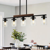 Kitchen Island Lighting,5-Light Dining Room Light Fixture/Chandelier Over Table,Black Modern Rustic Wood Ceiling Pendant Light Fixtures, with Clear Glass Shade,Farmhouse Chandelier (Black, 5-Light) CmnVmn