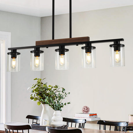 Kitchen Island Lighting,5-Light Dining Room Light Fixture/Chandelier Over Table,Black Modern Rustic Wood Ceiling Pendant Light Fixtures, with Clear Glass Shade,Farmhouse Chandelier (Black, 5-Light) CmnVmn