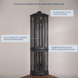 BELLEZE Lighted 3-Side Glass Display Curio Cabinet w/Tempered Glass Doors and Shelves, Curved Wood Corner Cabinet with Bulb, Corner Storage Rack for Living Room and Kitchen (Black) BELLEZE