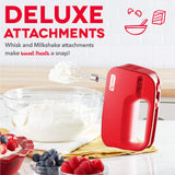 Dash SmartStore™ Deluxe Compact Electric Hand Mixer + Whisk and Milkshake Attachment for Whipping, Mixing Cookies, Brownies, Cakes, Dough, Batters, Meringues & More, 3 Speed, 150-Watt – Red DASH