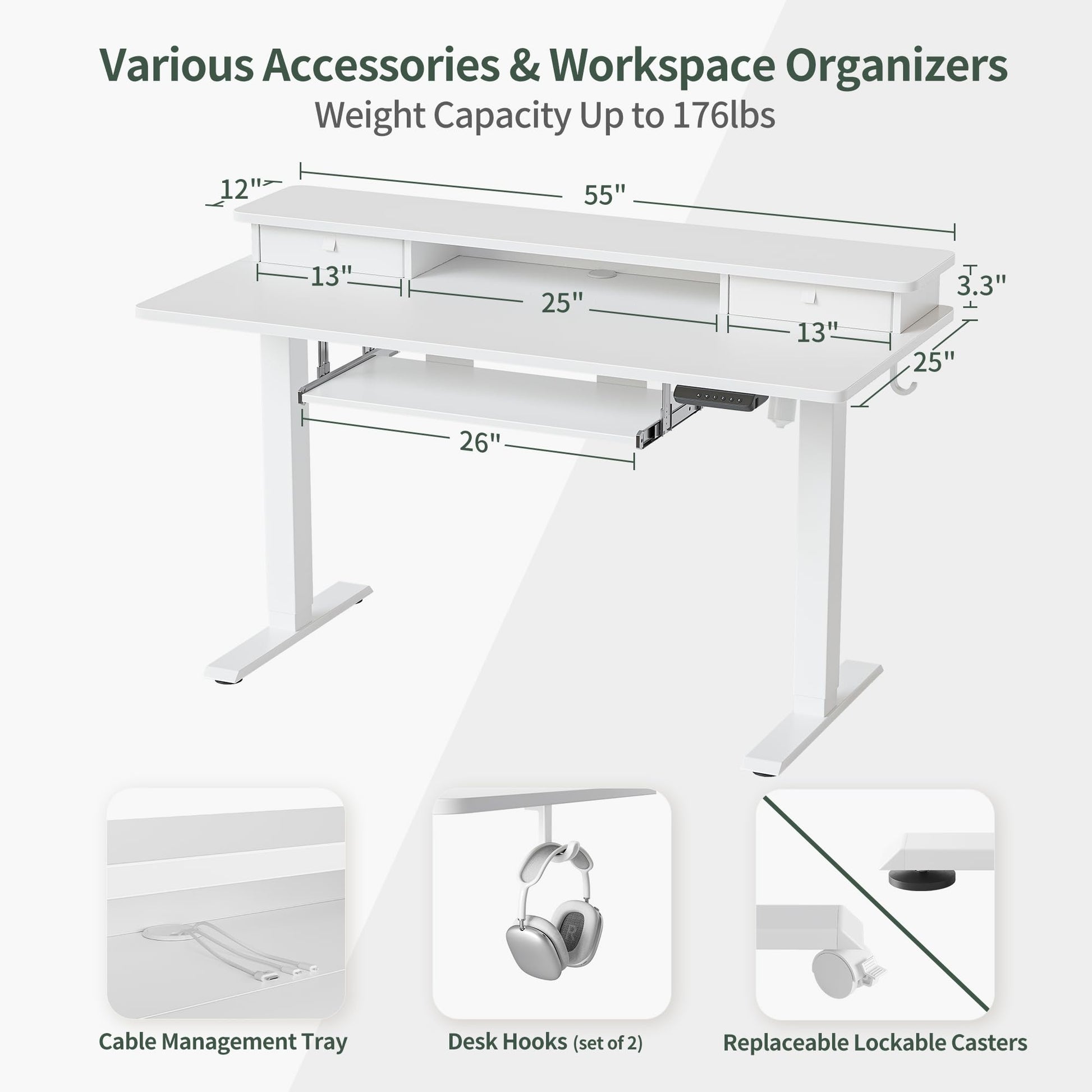 FEZIBO Standing Desk with Drawers, Adjustable Height Desk with Keyboard Tray, Stand Up Desk with Storage Shelf, 55 x 24 Inchs, White Top - WoodArtSupply