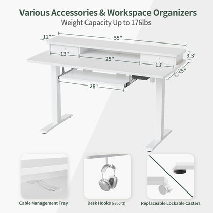 FEZIBO Standing Desk with Drawers, Adjustable Height Desk with Keyboard Tray, Stand Up Desk with Storage Shelf, 55 x 24 Inchs, White Top - WoodArtSupply