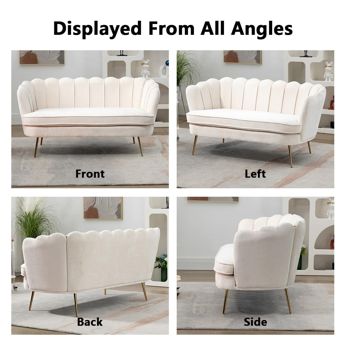 Anwick 59" Small Modern Chenille Loveseat Sofa, 2-Seater Sofa with Gold Metal Legs, Small Couch with Flower Shaped Back for Living Room Bedroom Office (Beige) Anwick