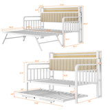 Daybed with Trundle and LED Light, Heavy Duty Metal Twin Bed Frame with Upholstered Storage Headboard & Charging Station, Day Bed Pop Up Trundle Bed Twin for Living Room,Bedroom and Guest Room, White Jocoevol