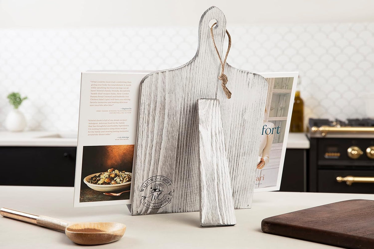Willow & Croft Premium Cook Book Stand. Farmhouse Cutting Board Stand Cookbook Holder, Recipe Book Holder. Distressed Cookbook Stand for Kitchen Counter. Rustic Home Decor, Adjustable Display Stand. Willow & Croft